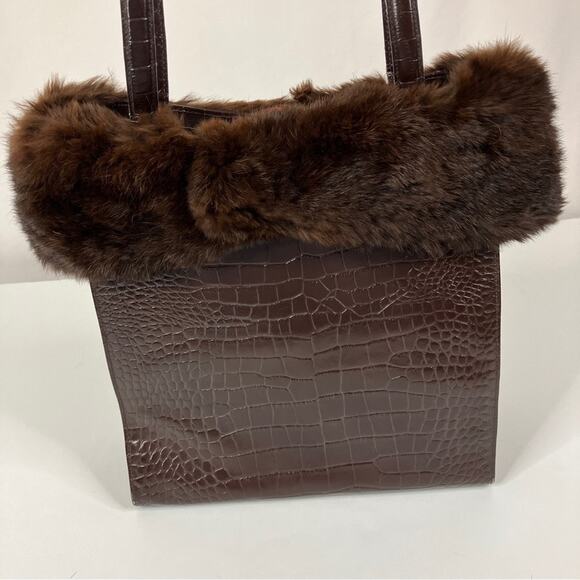 BHS British Home Store | Brown Faux Crocodile Fur Trim Handbag - Picture 5 of 13